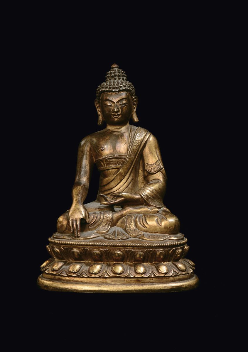 Buddha, Bronzo dorato seduto su doppio fiore di loto, Cina, Dinastia Ming, XVII secolo