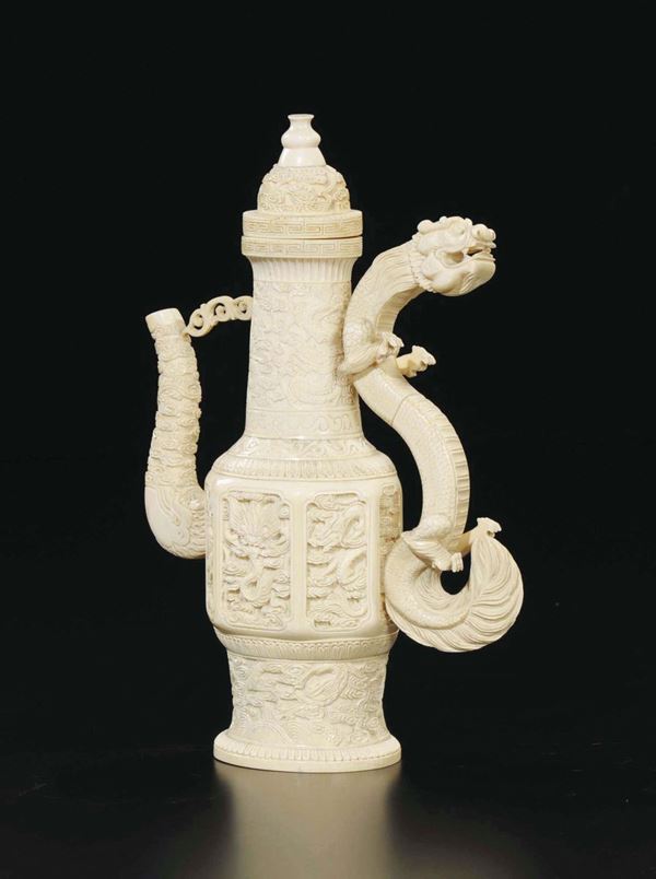 A carved ivory teapot with dragon shaped spout, China, early 20th century