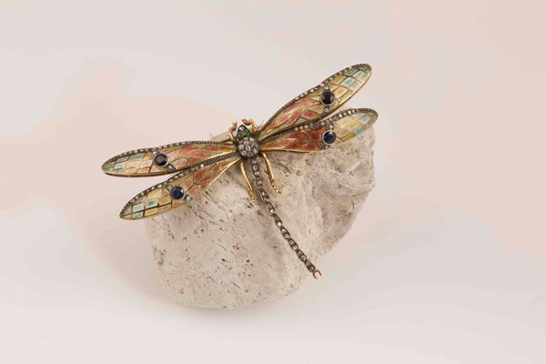 An enamel and diamond dragonfly brooch