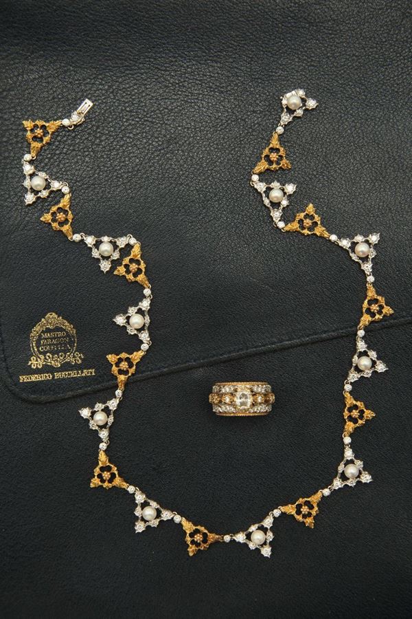 Buccellati. A diamond, pearl and gold necklace and ring