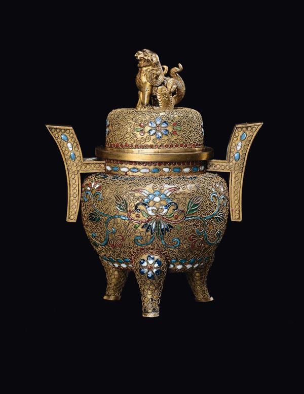 A small gilt and glazed metal censer and cover with Pho dog, China, Qing Dynasty, 19th century