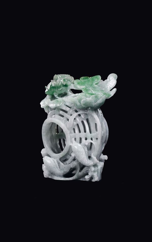 A green jade brush bowl with fish and leaves in relief, China, Qing Dynasty, 19th century