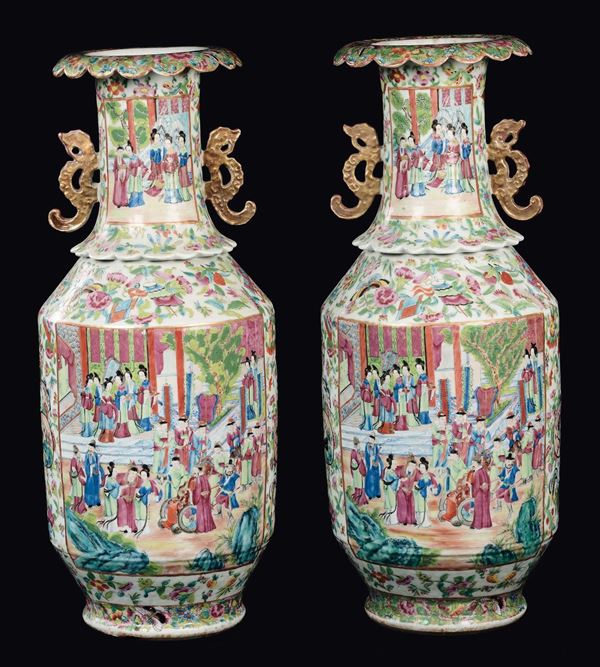 A pair of Famille Rose double handles vases with groups of Guanyin within reserves, China, Qing Dynasty, 19th century