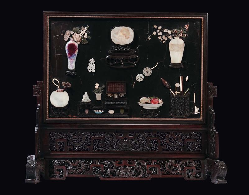 A wood panel with jade, mother-of-pearl, ivory and flambè porcelain inlays, China, Qing Dynasty, 19th century  - Auction Fine Chinese Works of Art - II - Cambi Casa d'Aste