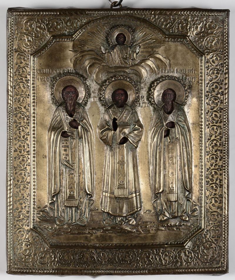 Icona con tre Santi, Mosca XIX secolo  - Asta Antiquariato e Dipinti Antichi - I - Cambi Casa d'Aste