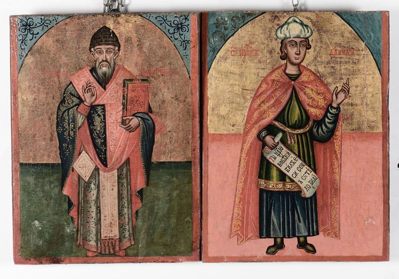 Lotto di due icone raffiguranti Vescovo e Santo, XIX secolo  - Asta Antiquariato e Dipinti Antichi - I - Cambi Casa d'Aste