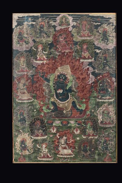 Tanka tibetano, fondo blu con divinità e Mahakala centrale, XVII secolo