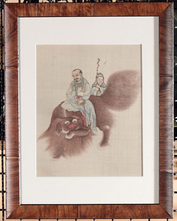 Otto dipinti su seta incorniciati raffigurante diverse figure di saggio con animali fantastici, Cina, Dinastia Qing, XIX secolo