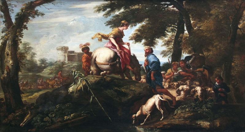 Giovanni Benedetto Castiglione detto il Grechetto (Genova 1609 - Mantova 1664) attribuito a Rebecca incontra Isacco  - Asta Fine Art Selection - II - Cambi Casa d'Aste