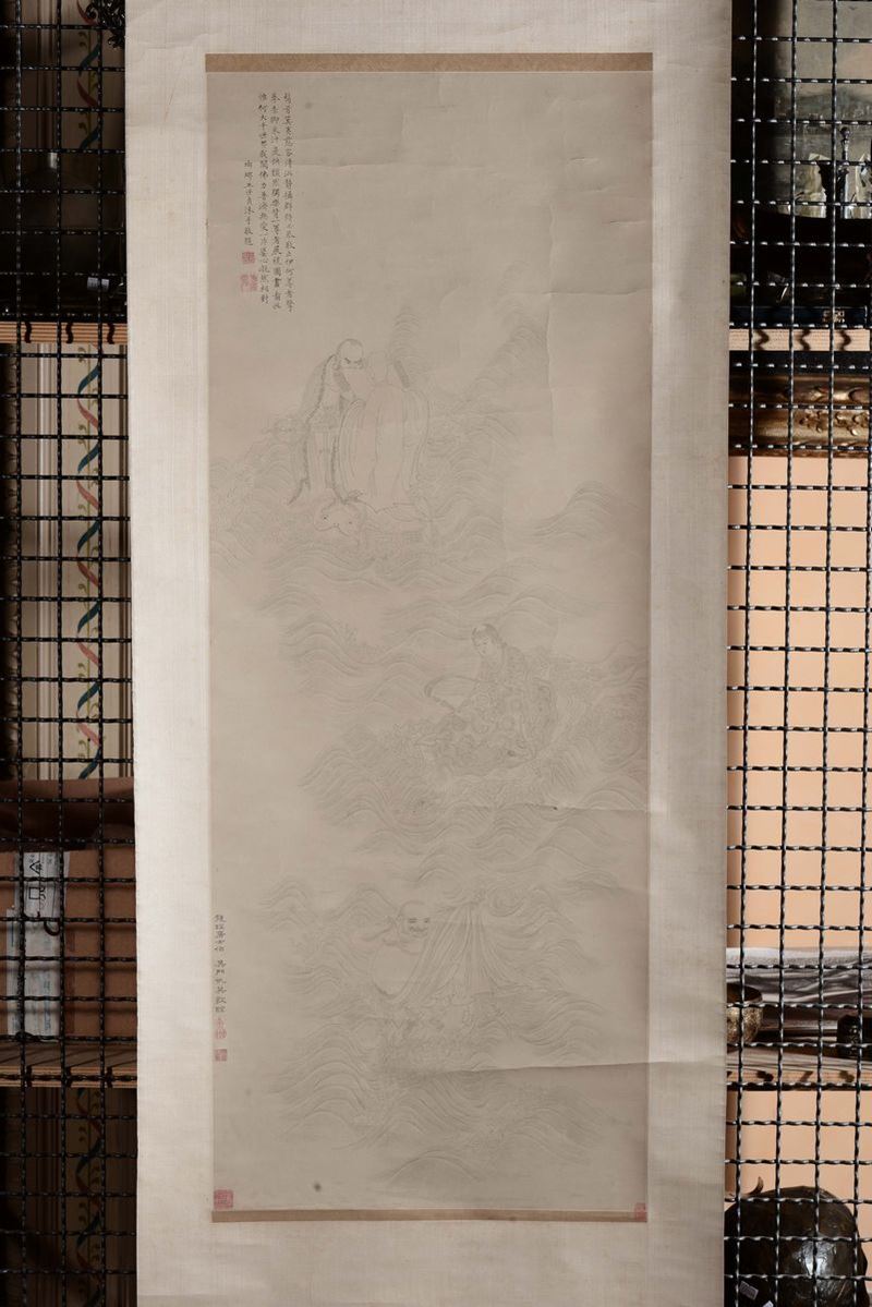 Dipinto su carta raffigurante saggi su animali fantastici con iscrizioni, Cina, inizio XX secolo  - Asta Chinese Works of Art - Cambi Casa d'Aste
