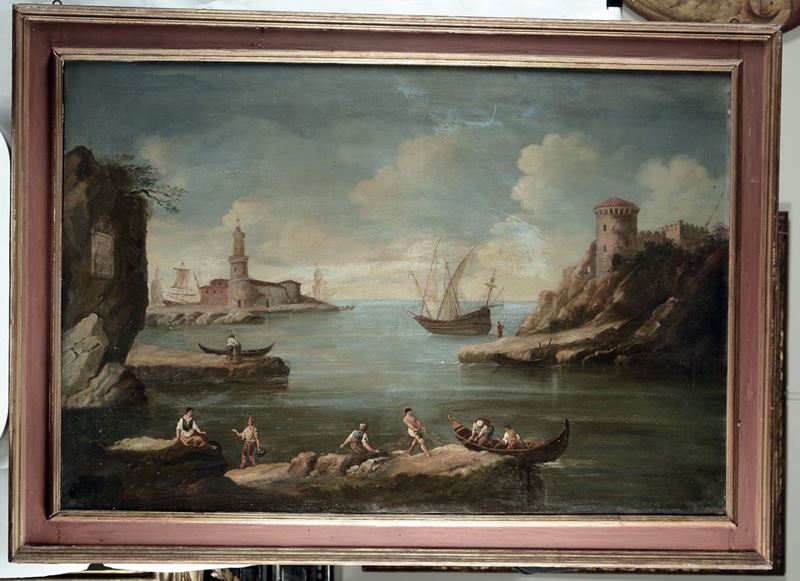 Scuola del XVIII secolo Veduta costiera con figure ed imbarcazioni  - Auction Antique and Old Masters - I - Cambi Casa d'Aste