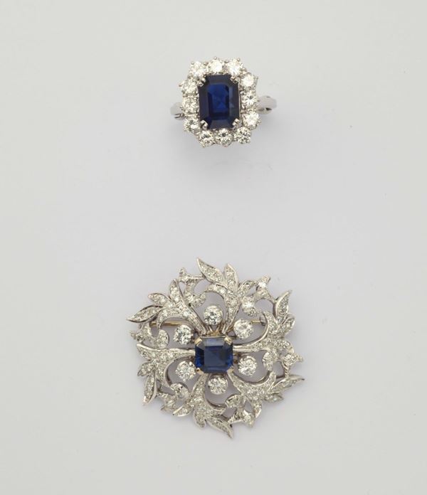 A lot of sapphire and diamond ring and brooch