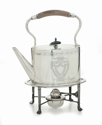 Samovar in Argento, Corpo Ovale Cesellato con Motivi a Festoni, Floreali e Stemma, Bolli della Ci...