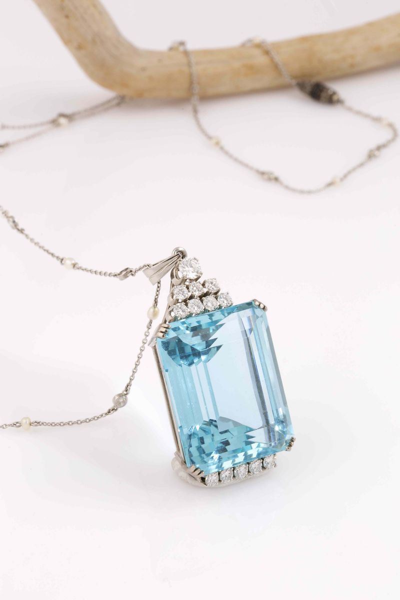 An aquamarine, diamond, pearl and platinum pendant  - Auction Fine Jewels - I - Cambi Casa d'Aste