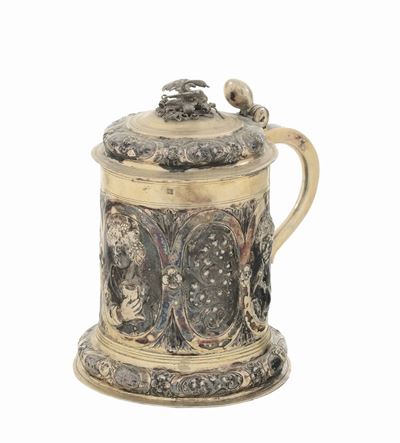 Barock Deckelhumpen Boccale con Coperchio in Argento Fuso, Sbalzato e Dorato, Bollo Dell'argentie...