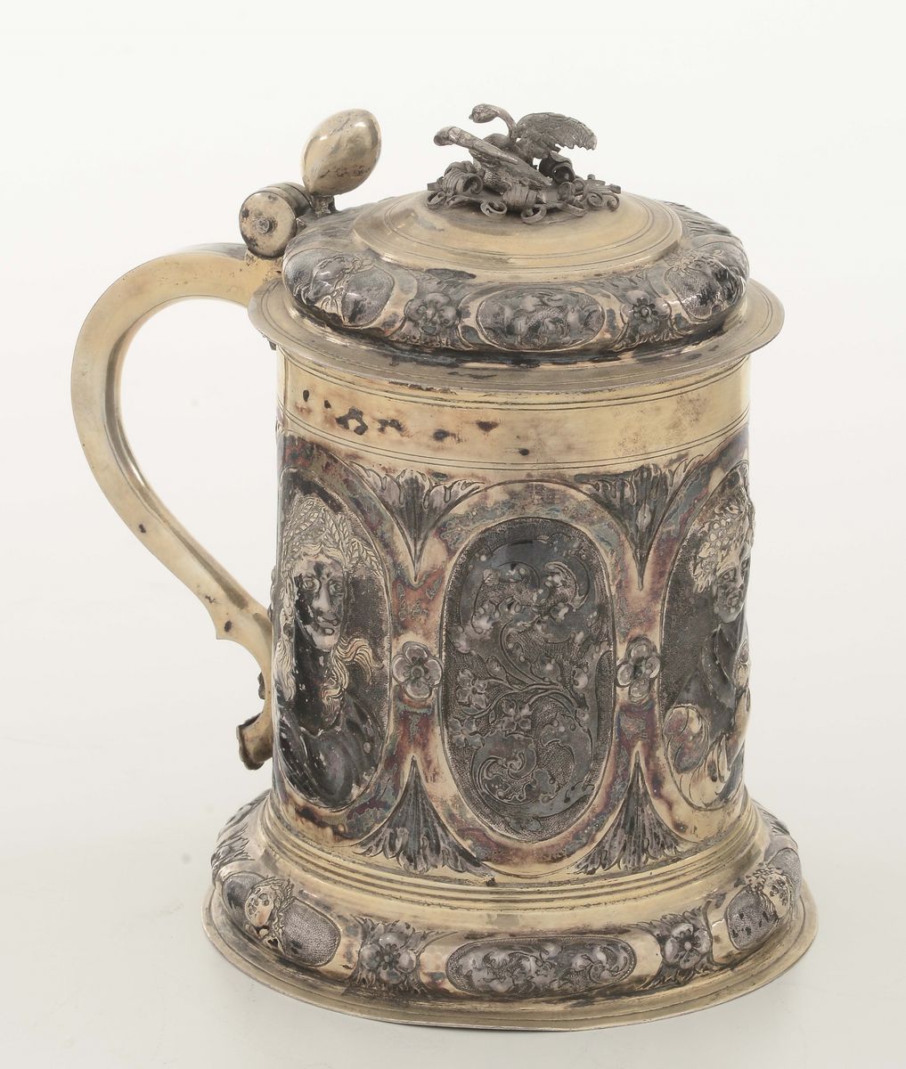 Barock Deckelhumpen Boccale con Coperchio in Argento Fuso, Sbalzato e Dorato, Bollo Dell'argentie...