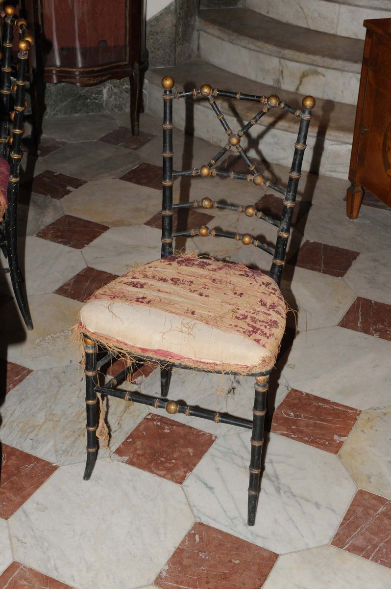 Sei sedie laccate e intagliate a finto bambù, XIX secolo  - Auction Fine Arts from refined private house - Cambi Casa d'Aste