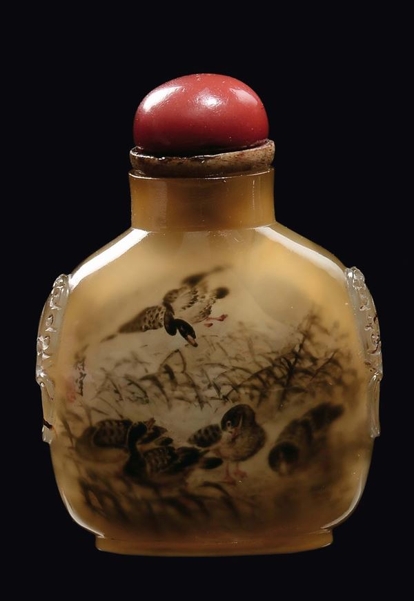 Snuff bottle in agata con paesaggio e anatre, Cina, Dinastia Qing, XIX secolo