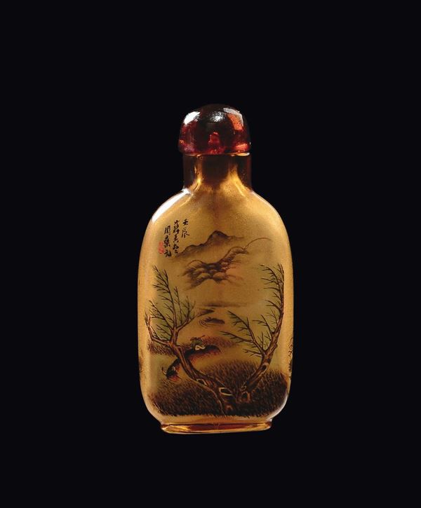 Snuff bottle in vetro con contadino in paesaggio, pesci e iscrizioni, Cina, Dinastia Qing, XIX secolo