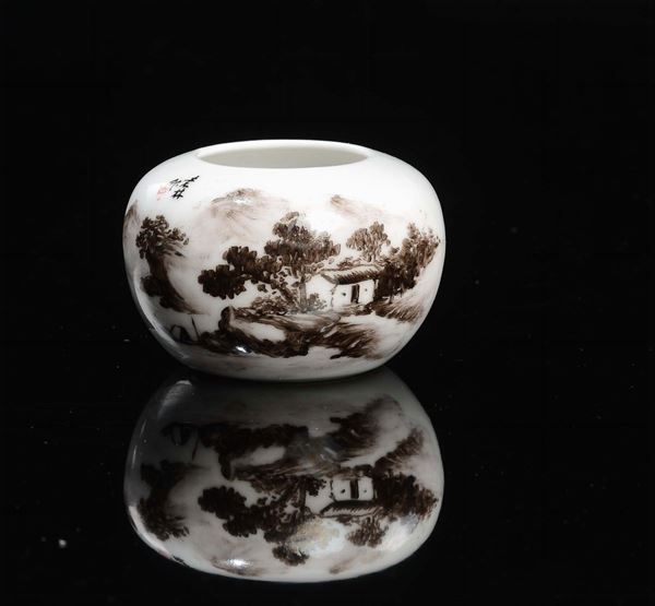 A porcelain inkpot depicting landscape with house and signature, China, Republic, 20th century
