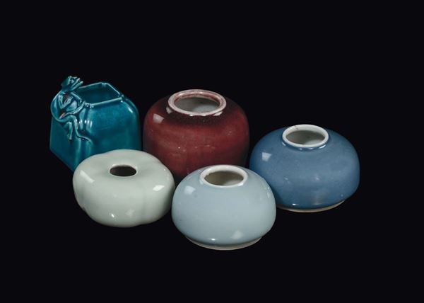 Five monochrome porcelain inkpots, China, Qing dynasty, 19th century