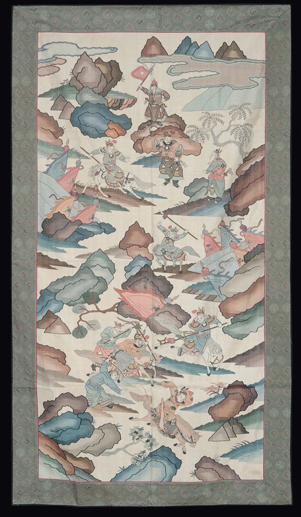 An embroidered fabric Kesi depicting a battle scene, China, Qing Dynasty, 19th century