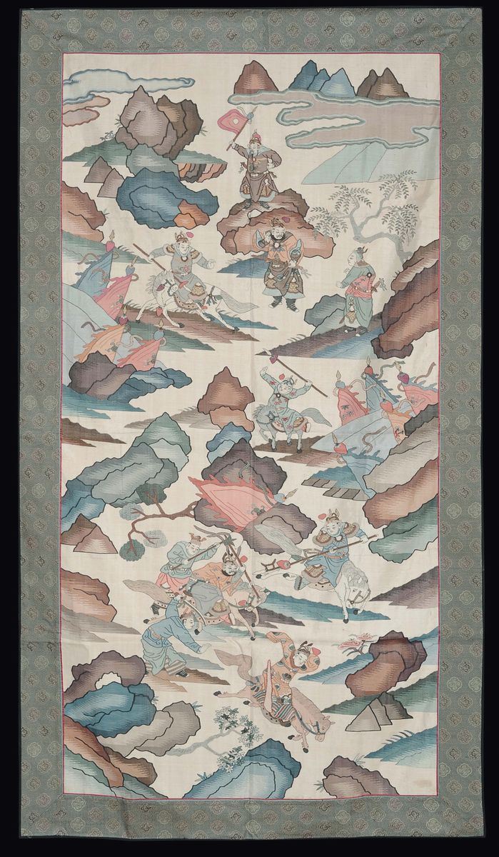An embroidered fabric Kesi depicting a battle scene, China, Qing Dynasty, 19th century  - Auction Fine Chinese Works of Art - II - Cambi Casa d'Aste