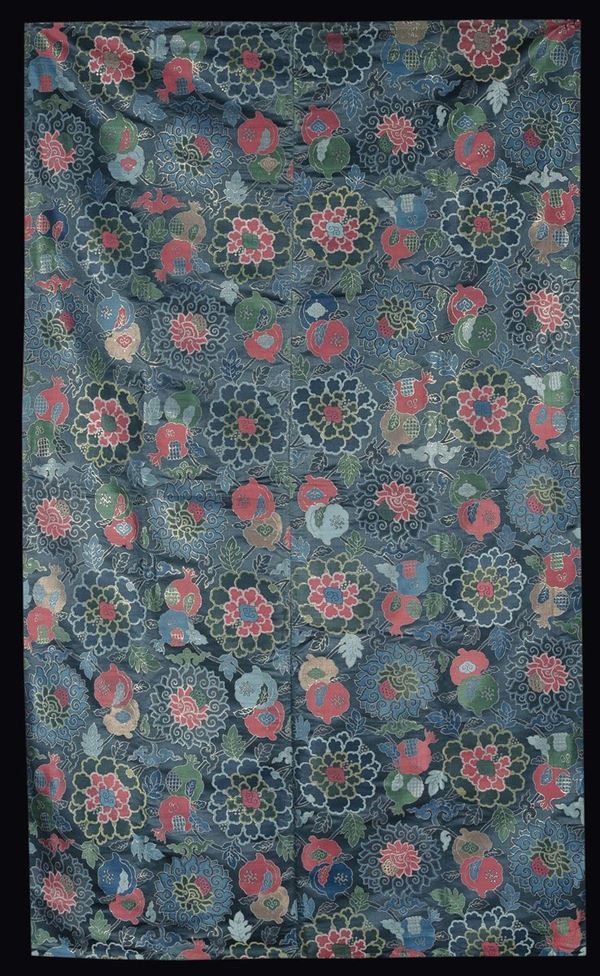 A fabric Kesi blue-ground with gols and red flowers, China, Qing Dynasty, 19th century
