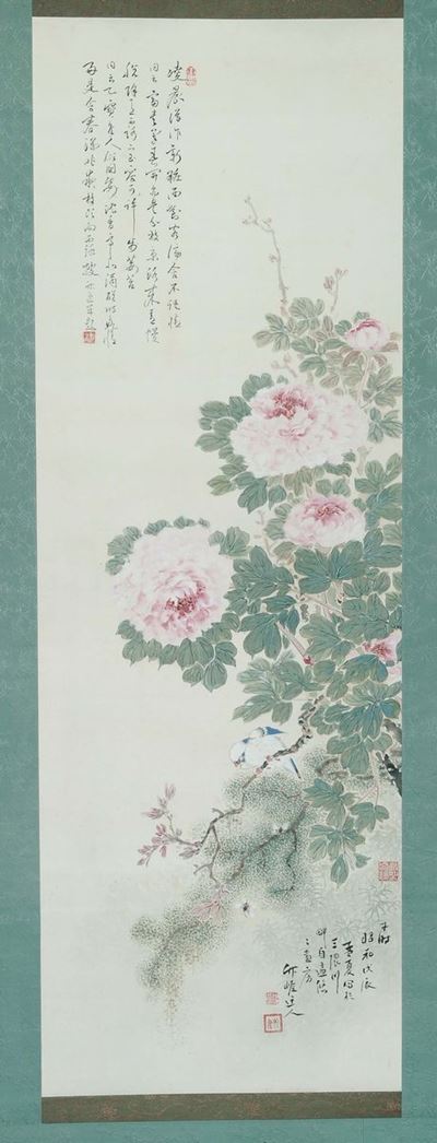 Dipinto su carta raffigurante rose con iscrizioni, Cina, XX secolo
