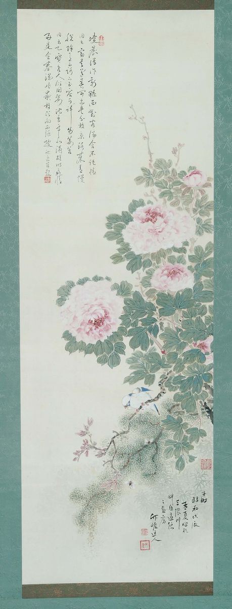 Dipinto su carta raffigurante rose e iscrizioni, Cina, XX secolo  - Asta Fine Chinese Works of Art - II - Cambi Casa d'Aste