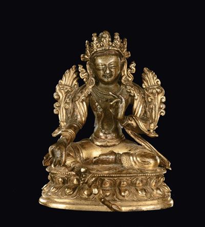 Vajradhara, Figura in bronzo dorato su doppio fiore di loto, Tibet, XVII secolo