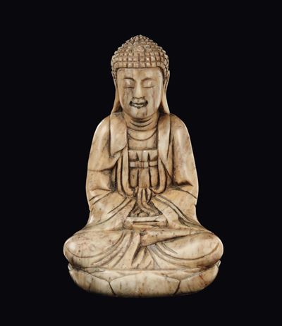 Cina, Dinastia Qing, figura di Shakyamuni Buddha in saponaria, XVIII secolo