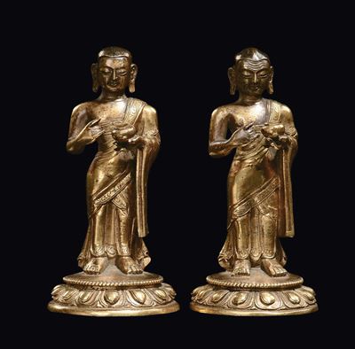 Bodhisattva, Coppia in bronzo dorato, Tibet, XVII secolo