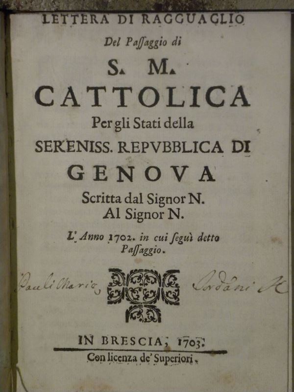 Genova / Bernardo di Chiaravalle e autori vari Copia di lettera scritta l'anno 1119 alla Città,e Popolo di Genova..