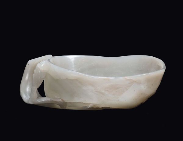 A small Celadon white jade brush bowl with branch handle, China, Qing Dynasty, 19th century