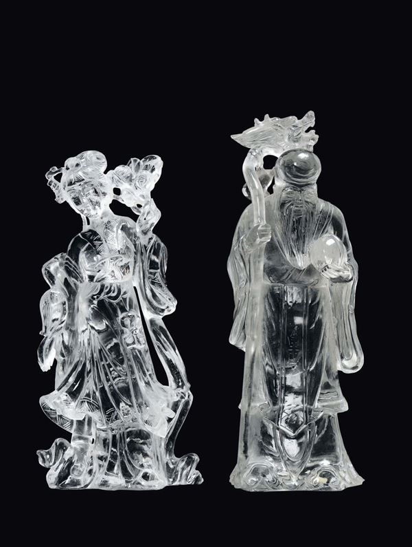 A pair of rock crystal figures, Shoulao with fish and Guanyin with flowers, China, 20th century