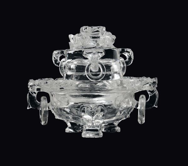 A rock crystal tripo censer and cover with dragons, China, Qing Dynasty, 19th century