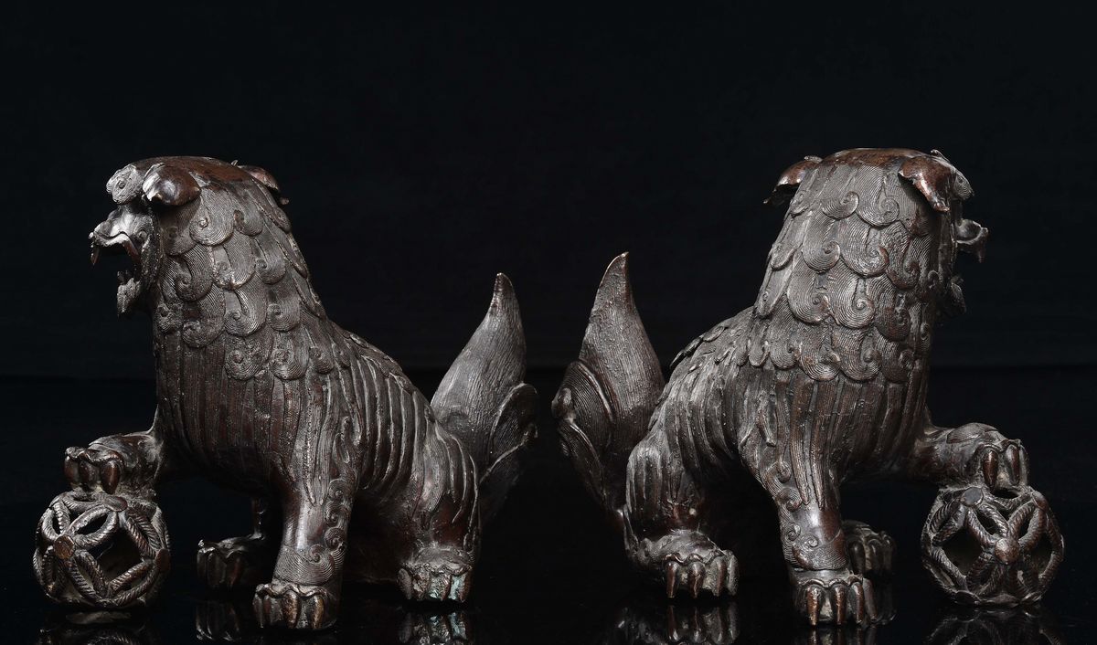 Coppia di cani di Pho, bronzo, Cina, Dinastia Qing, epoca Qianlong (1736-1795), cm 23x30