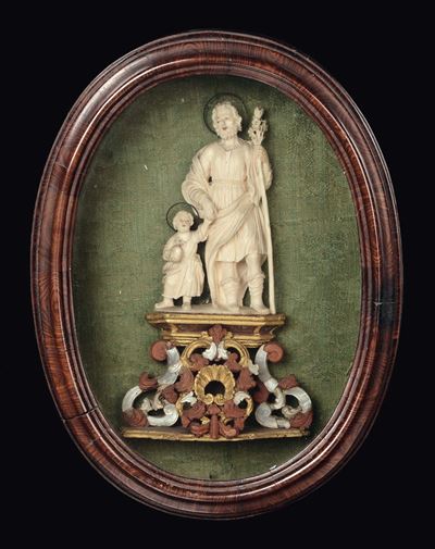 Scultura in Avorio Raffigurante San Giuseppe e Gesù Bambino, Maestranze Trapanesi, Bottega dei Ti...
