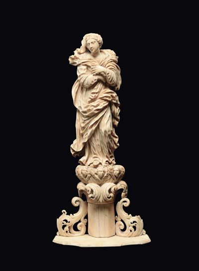 Sculture in Avorio Raffigurante “immacolata” su Base a Semicolonna con Volute, Maestranze Trapane...
