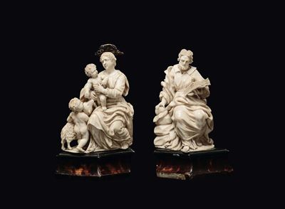 Due Gruppi in Avorio Scolpito Raffiguranti S.giuseppe? e la Madonna, Gesù Bambino e S.giovannino....