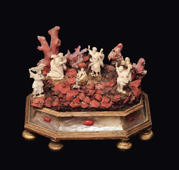 Presepe in avorio scolpito e corallo, Maestranze trapanesi (Bottega dei Tipa?) XVIII secolo