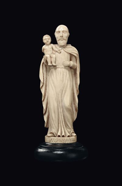 Figura di S.giuseppe con in Braccio Gesù Bambino in Avorio Scolpito, Arte Tedesca del XVIII-XIX S...