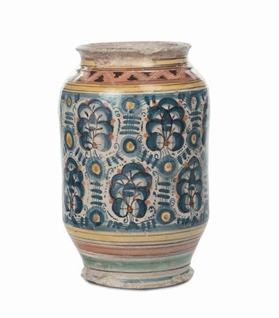 Albarello in Maiolica con Decorazione Policroma a Palmette, XVII Secolo