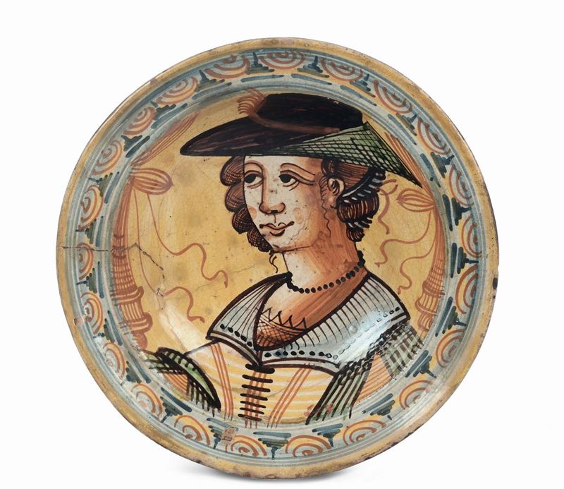 Piatto in maiolica con profilo maschile, Montelupo XVII secolo  - Asta Fine Art Selection - II - Cambi Casa d'Aste