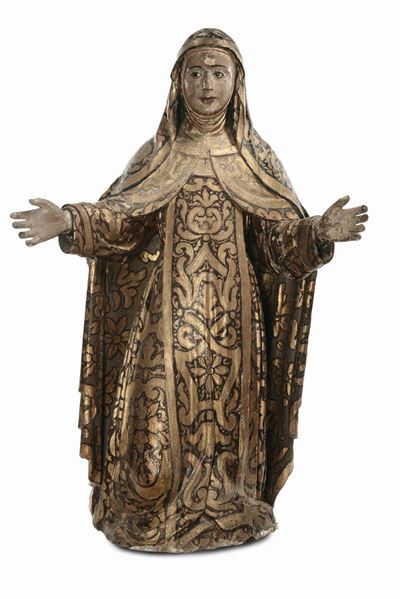 Scultura in Legno Policromo e Dorato Raffigurante Santa, Arte Coloniale Ispano-americana del XVII...