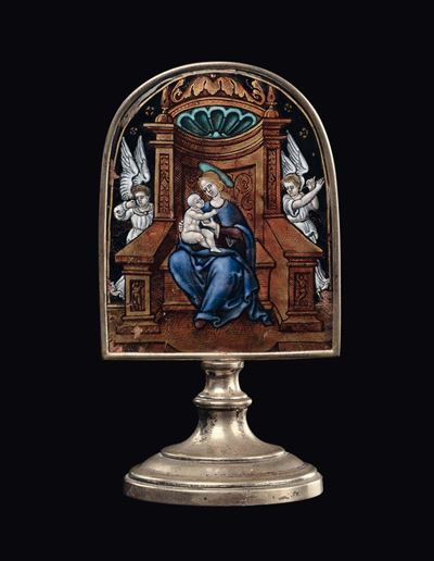 Placca Centinata in Rame con Smalto Policromo e Dorato, Atelier dei Laudin, Limoges XVII Secolo