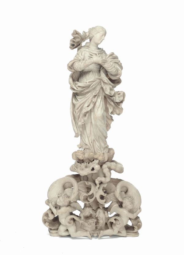 Scultura in marmo alabastrino raffigurante Immacolata, Maestro trapanese (Andrea Tipa?) prima metà del XVIII secolo