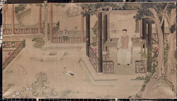 Dipinto su carta raffigurante dignitario seduto sotto porticato, Cina, Dinastia Qing, epoca Qianlong (1736-1795)