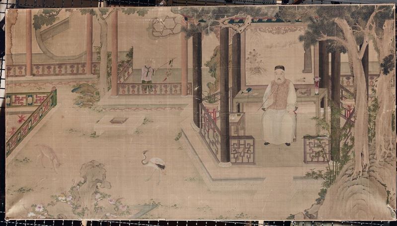 A painting on paper depictiong a dignitary sitting under a colonnade, China, Qing Dynasty, Qianlong Period (1736-1795)  - Auction Fine Chinese Works of Art - II - Cambi Casa d'Aste